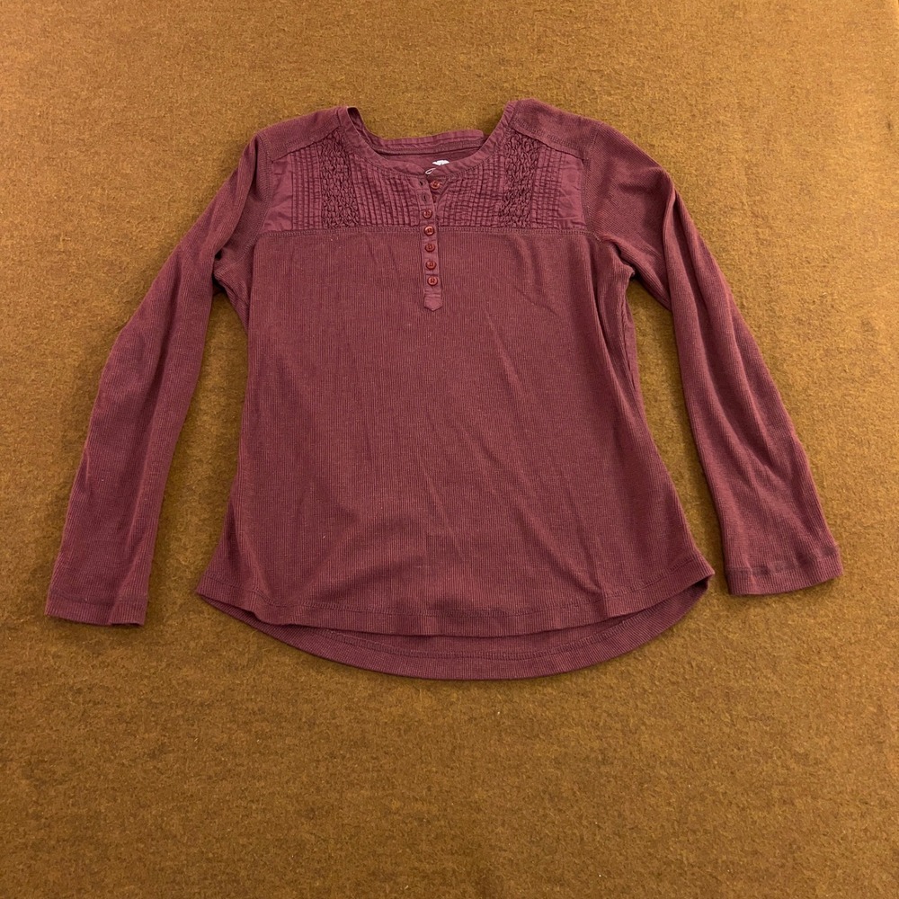 Bob Timberlake Womens Large Burgundy Waffle Knit Smocked Henley Long Sleeve Top